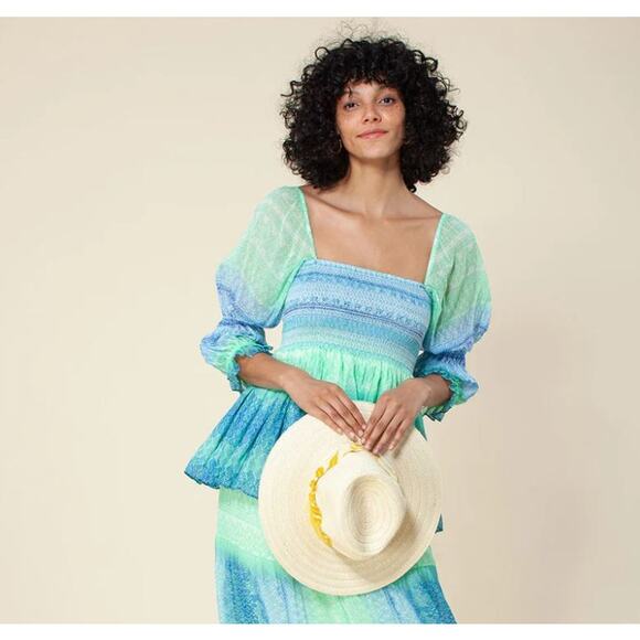 Hale Bob Women's Brittany Smocked Top Size Medium Smocked Vacation Green Blue - Picture 1 of 16